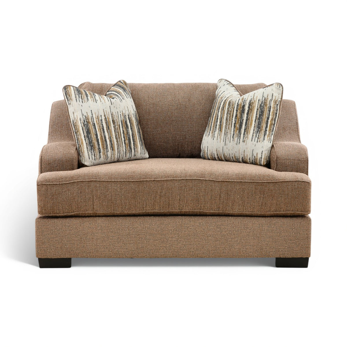 Brown upholstered chair with wide arms and two matching striped accent throw pillows