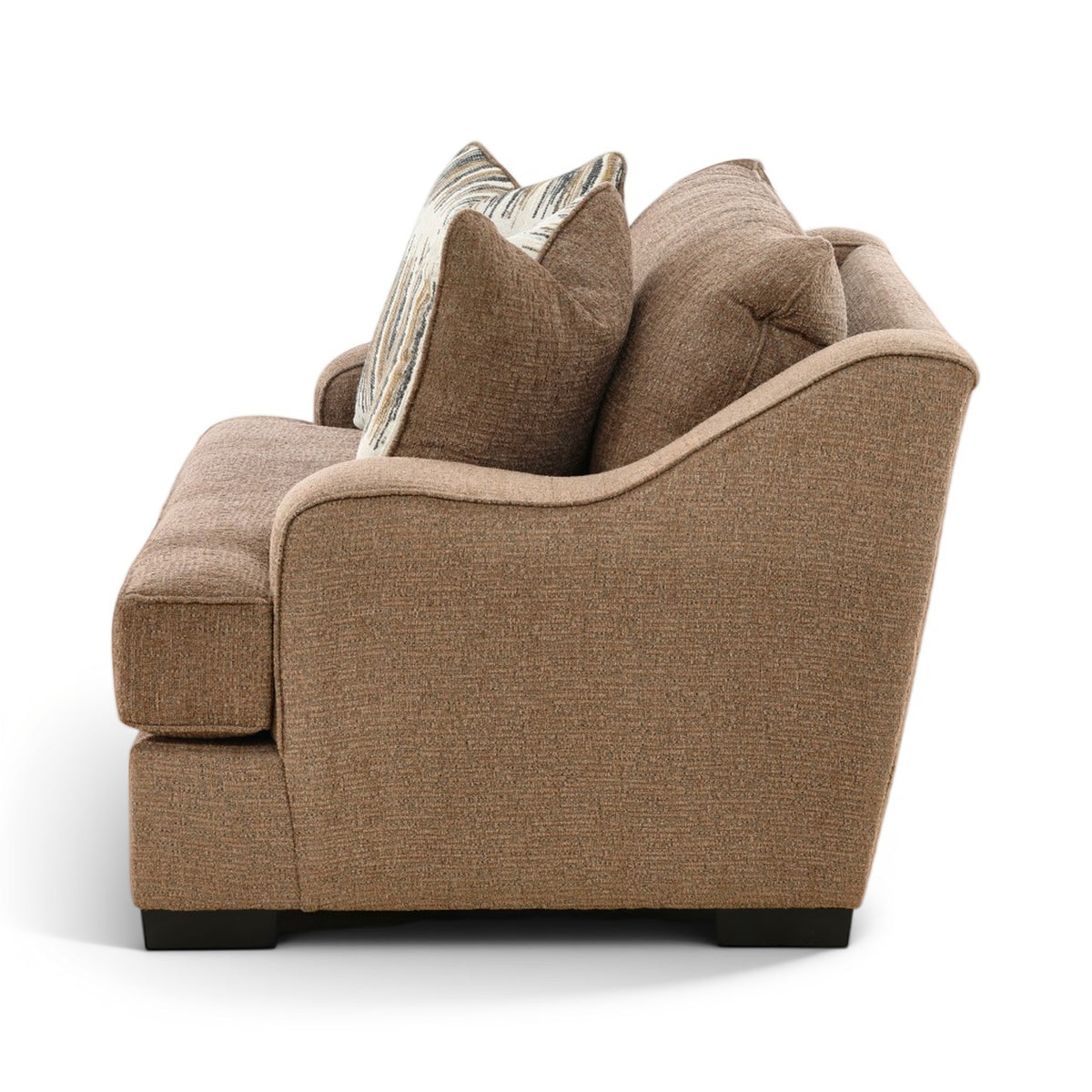 Brown accent chair with textured fabric, padded arms, and two striped throw pillows