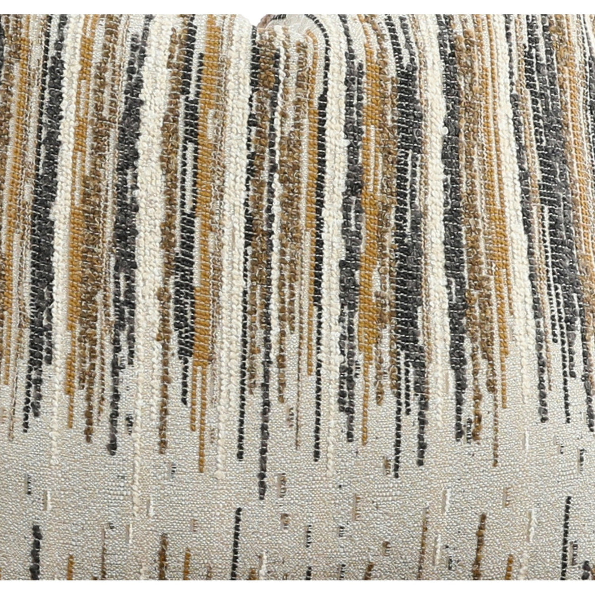Close-up of striped throw pillow fabric with vertical black, blue, and beige lines