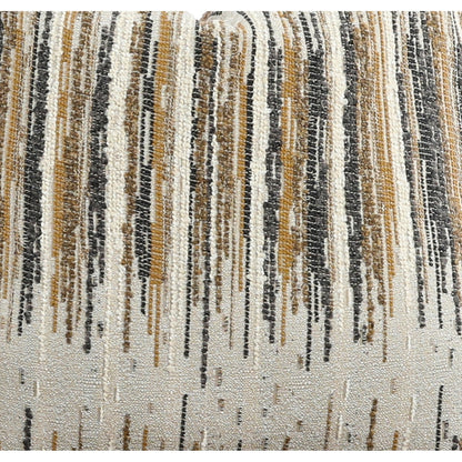 Close-up of striped throw pillow fabric with vertical black, blue, and beige lines