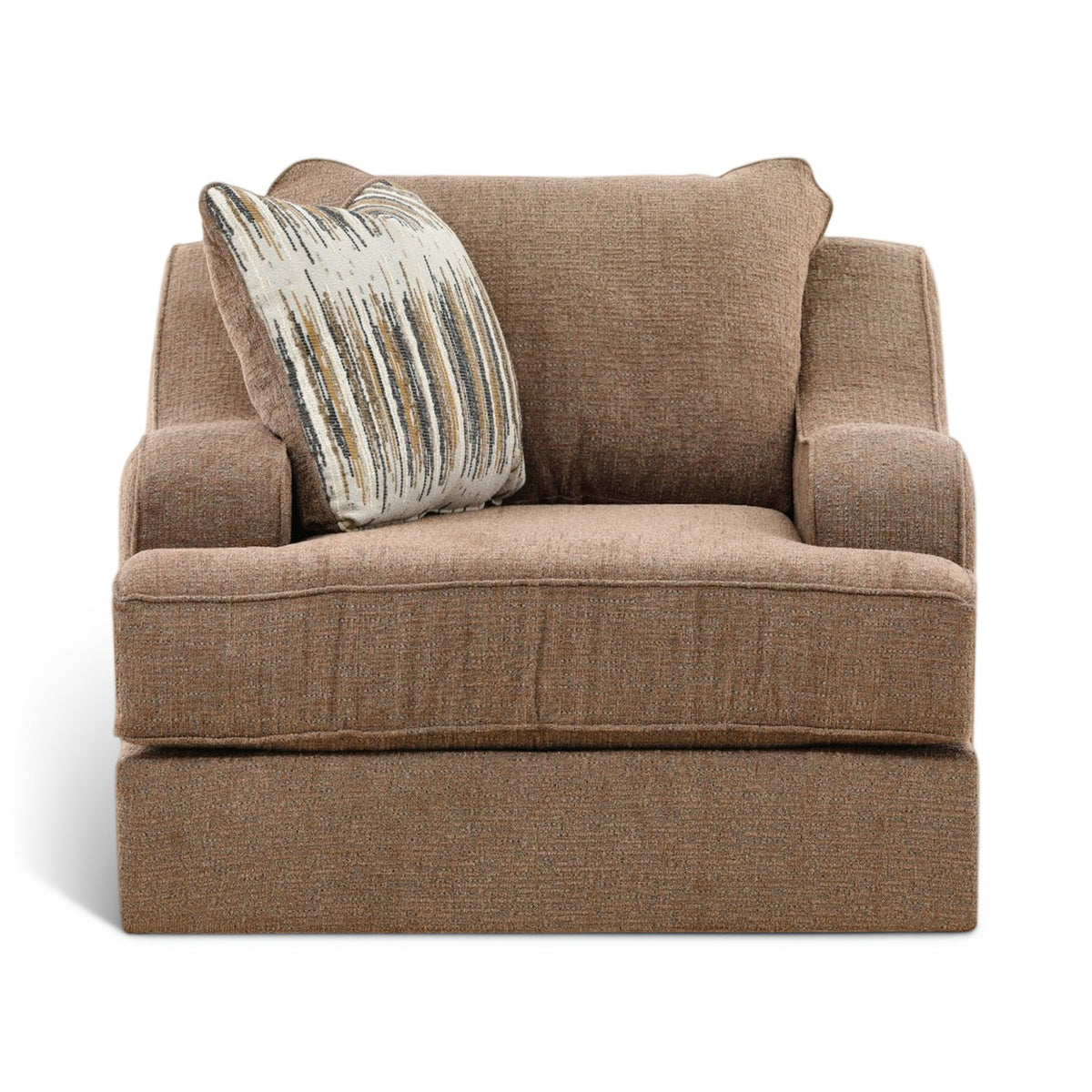 Taupe textured swivel chair with wide arms and striped throw pillow
