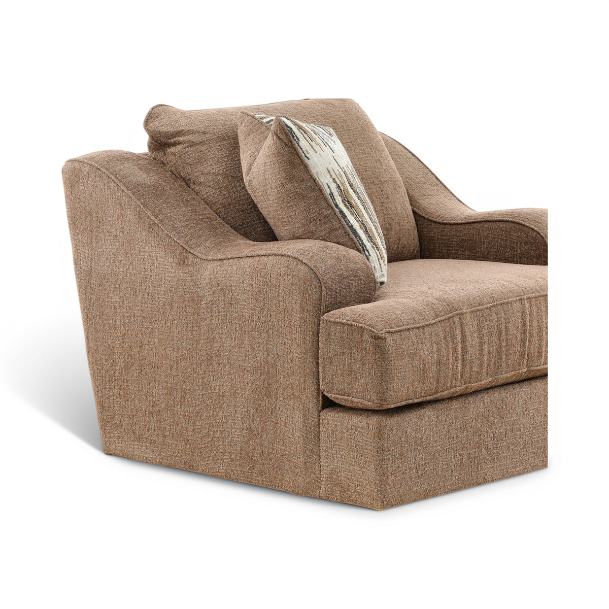 Taupe upholstered swivel chair with wide arms and striped pillow on back cushion