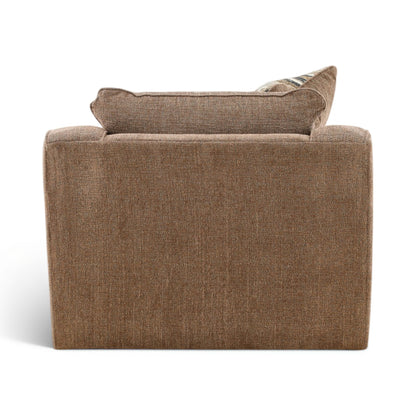 Taupe fabric swivel chair with back cushion and single striped throw pillow