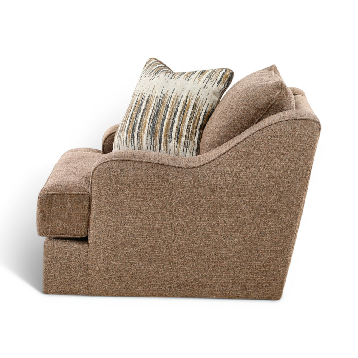 Taupe upholstered swivel chair with back cushion and striped accent pillow