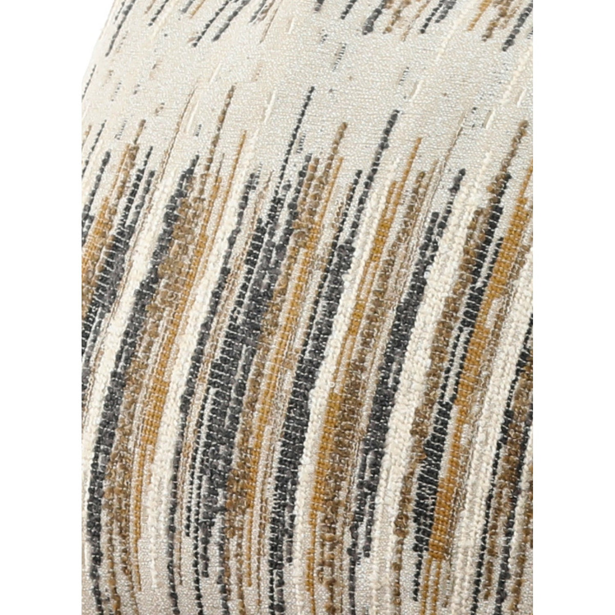 Close-up of striped throw pillow in cream, tan, black, and blue on taupe chair