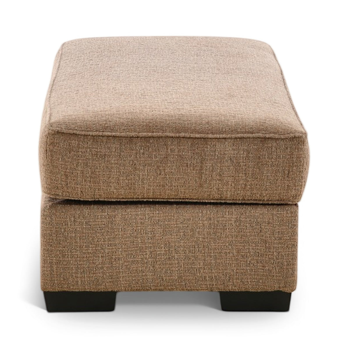 Tan fabric ottoman with padded top and black legs, front view of upholstered frame.