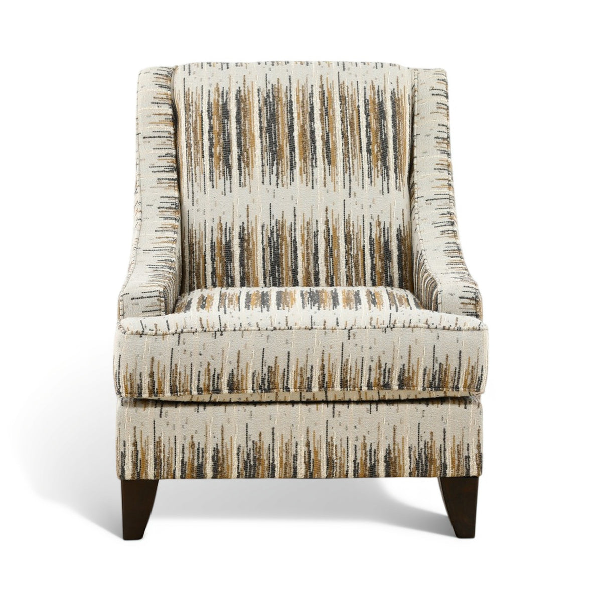 Upholstered accent chair with vertical striped pattern, arms, and dark tapered legs.