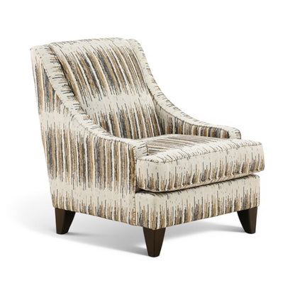 Upholstered accent chair, angled view, vertical stripe upholstery and dark tapered legs.