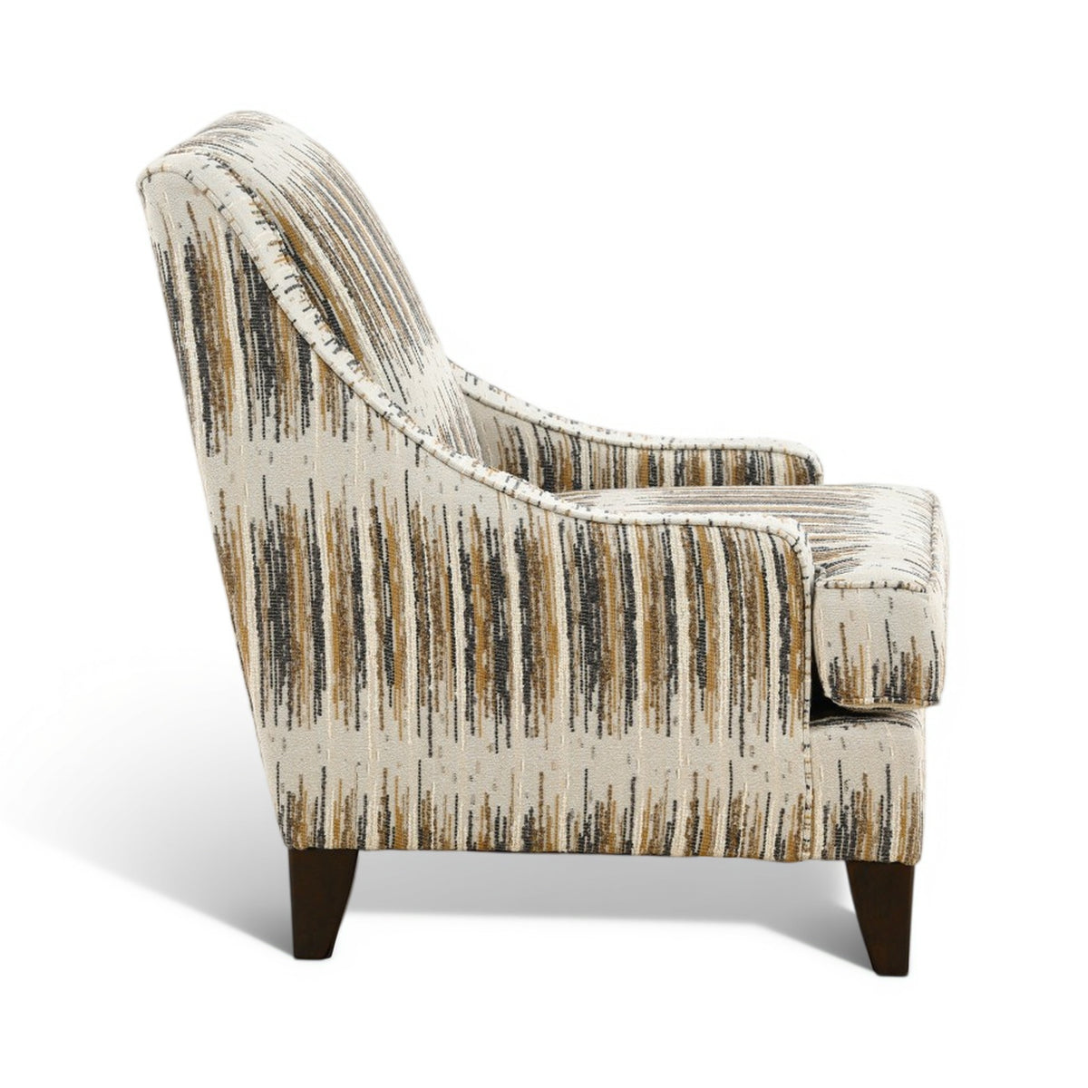 Upholstered accent chair with curved arms, vertical stripe fabric, dark tapered legs.