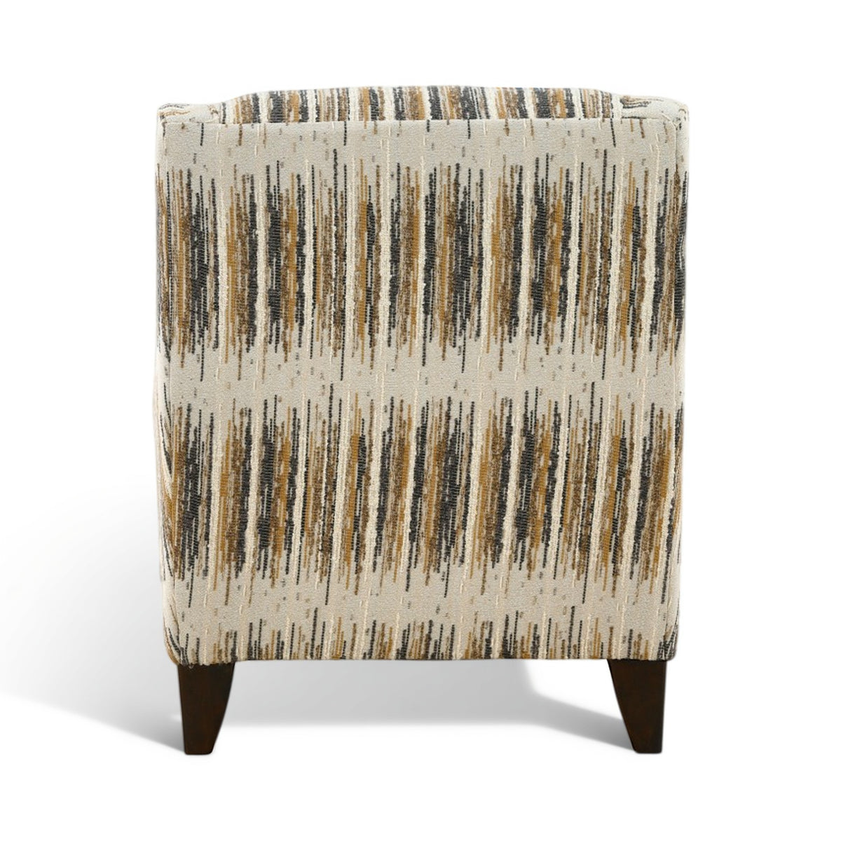 Upholstered accent chair back with vertical stripe upholstery and dark legs.