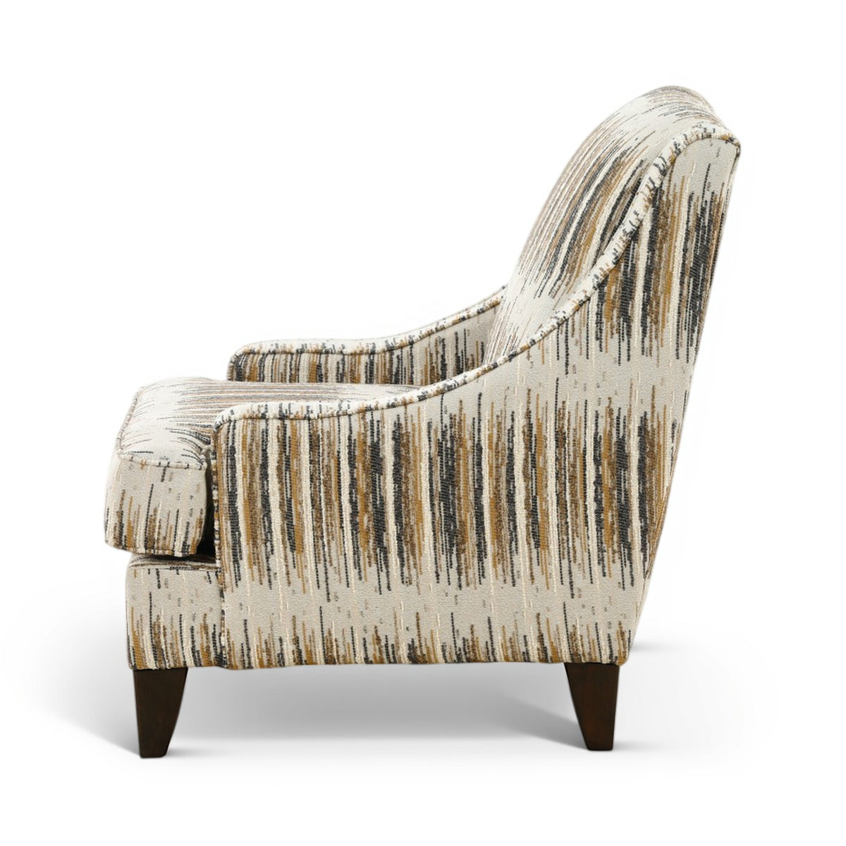Upholstered accent chair with rounded armrests, vertical stripes, and dark tapered legs.
