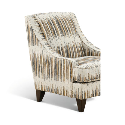 Upholstered accent chair side view with vertical stripe fabric, curved arms, and dark legs.