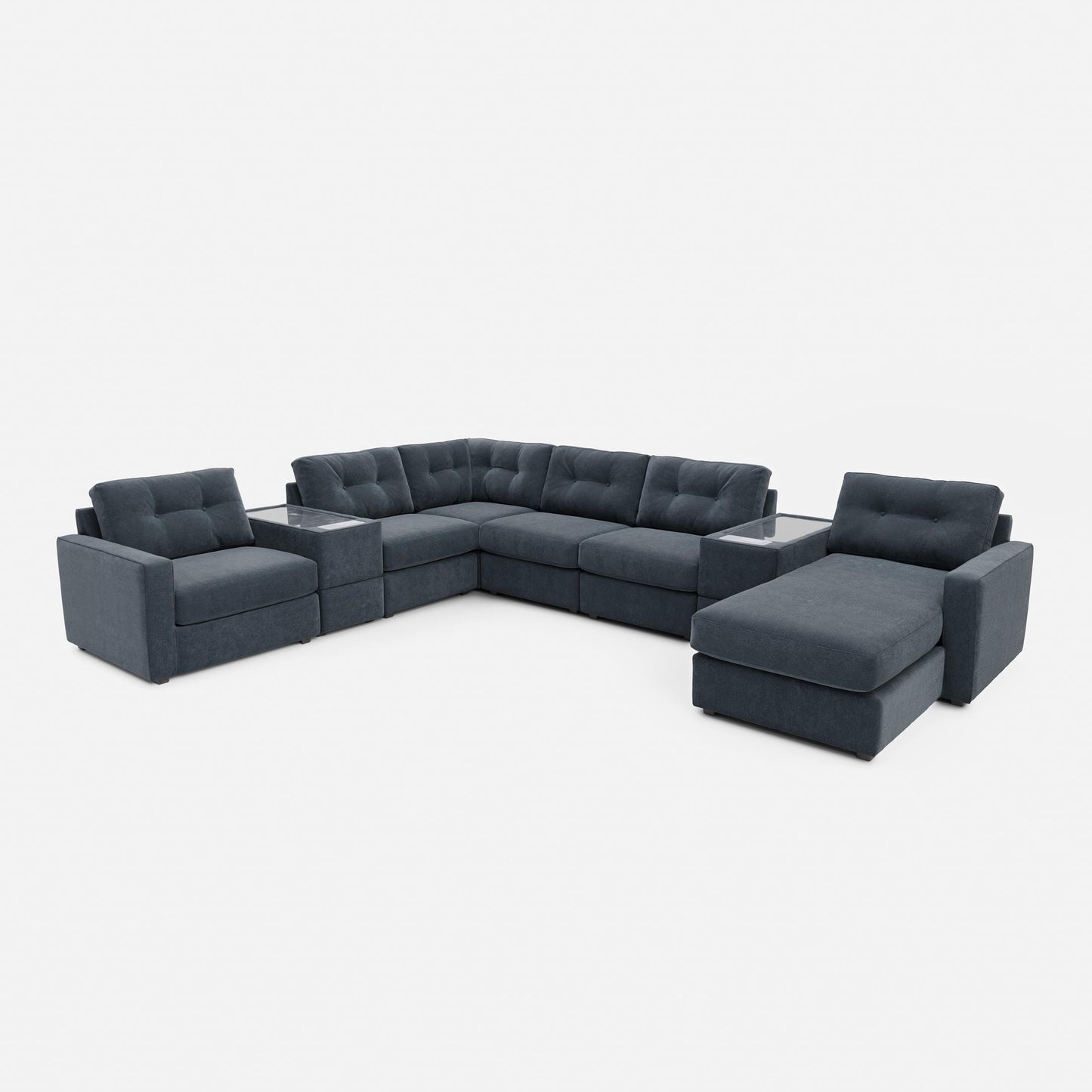 Dark blue sectional sofa with tufted back cushions and two chaise ottomans