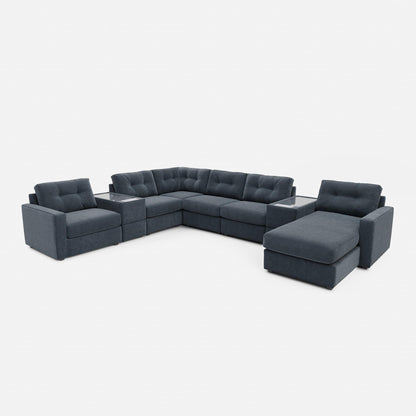 Dark blue sectional sofa with tufted back cushions and two chaise ottomans