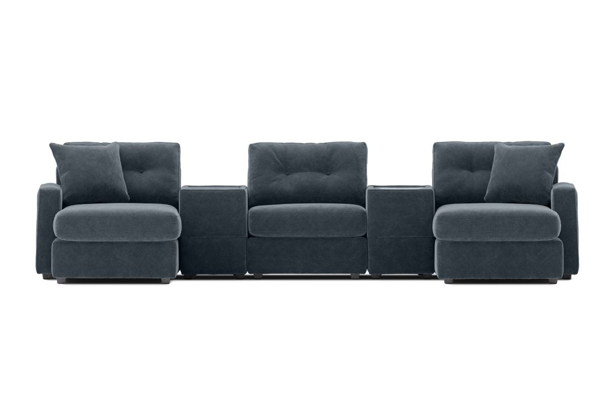 Modular theater sectional with dual chaises in dark navy upholstery, front view with tufted backs.