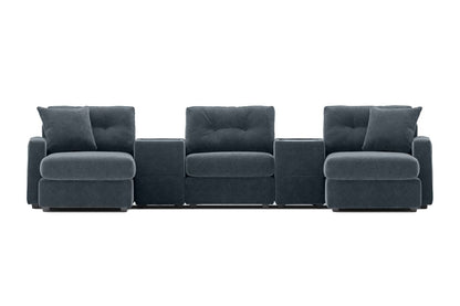 Modular theater sectional with dual chaises in dark navy upholstery, front view with tufted backs.