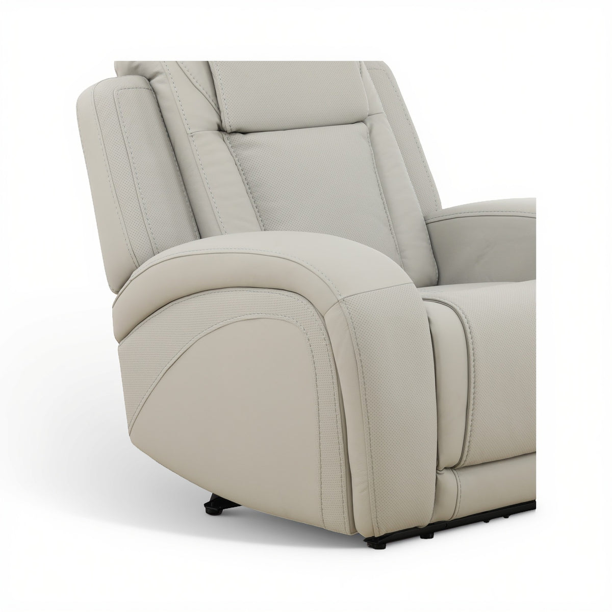 Beige power recliner chair reclined angle with upholstered footrest and stitched panels
