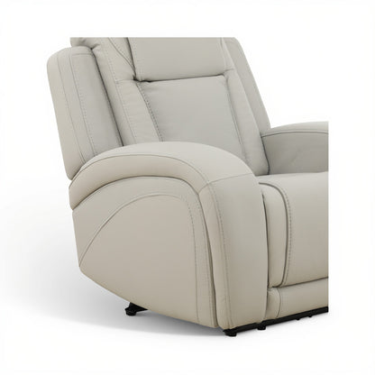 Beige power recliner chair reclined angle with upholstered footrest and stitched panels