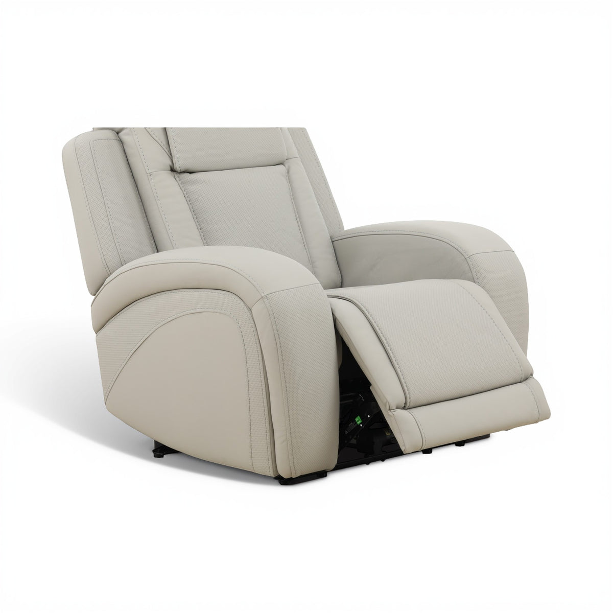 Beige power recliner chair side view with open footrest and cushioned seat extension
