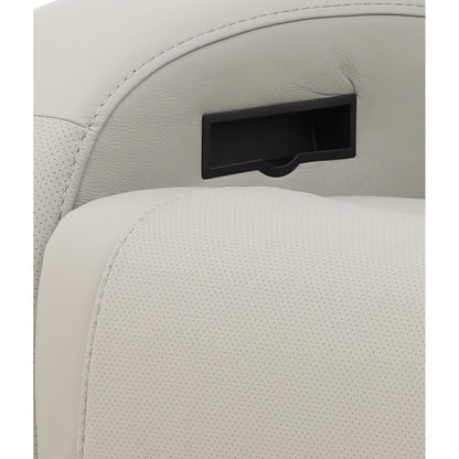 Leather power recliner side panel control switch on light upholstered arm