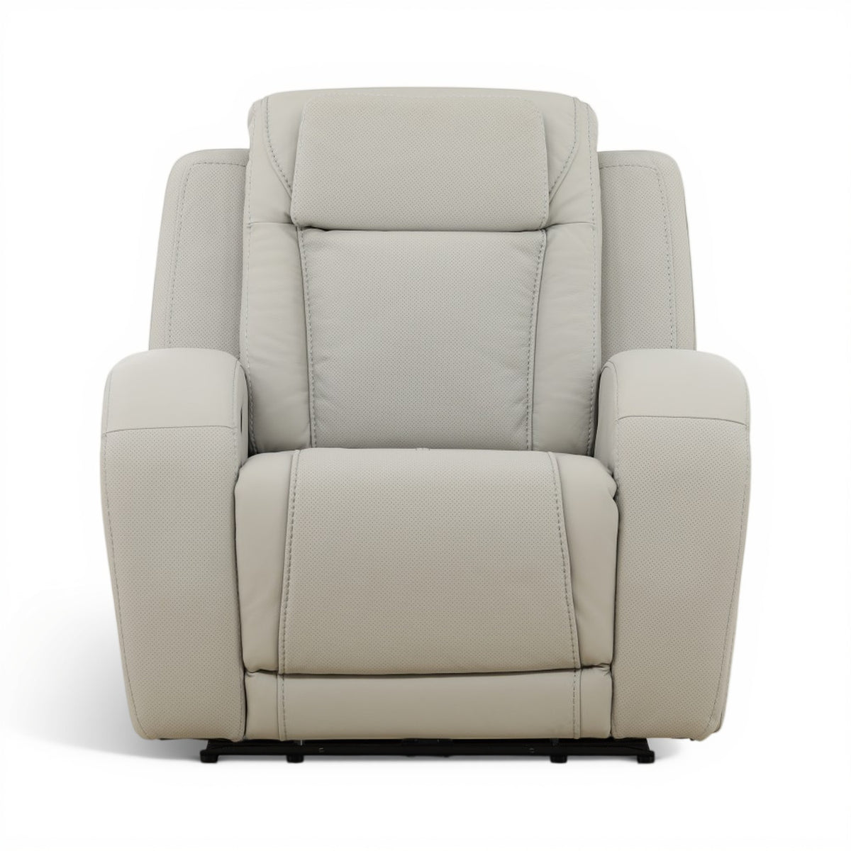 Beige power recliner chair with cushioned back, arms, and vertical stitching seams
