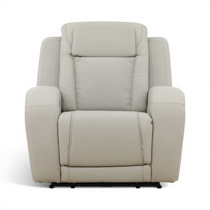 Beige power recliner chair with cushioned back, arms, and vertical stitching seams