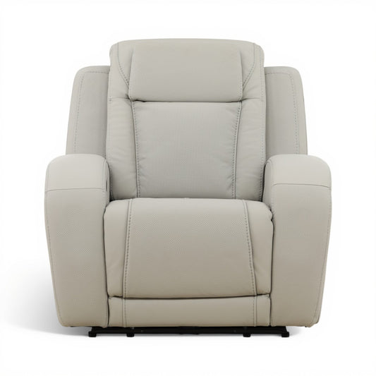 Beige power recliner chair with cushioned back, arms, and vertical stitching seams