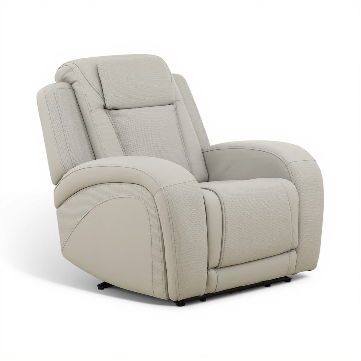 Beige power recliner chair shown from side with wide arms and padded seat cushion