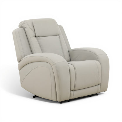 Beige power recliner chair shown from side with wide arms and padded seat cushion