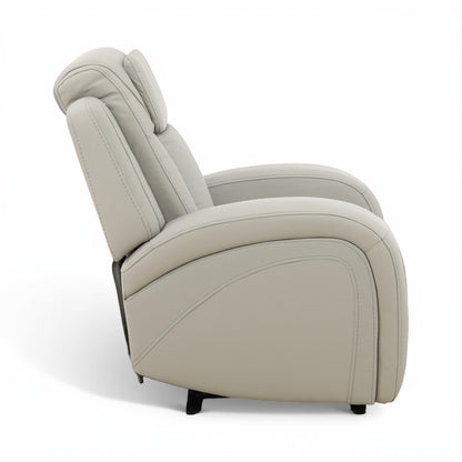 Beige power recliner chair with curved side paneling and cushioned headrest