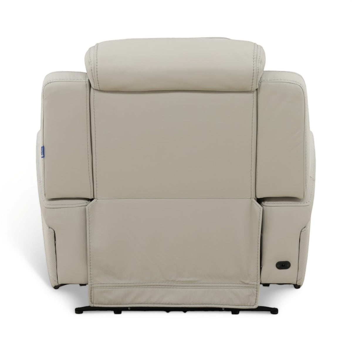 Beige power recliner chair rear view with power control panel on right arm