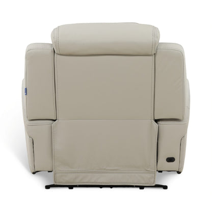 Beige power recliner chair rear view with power control panel on right arm