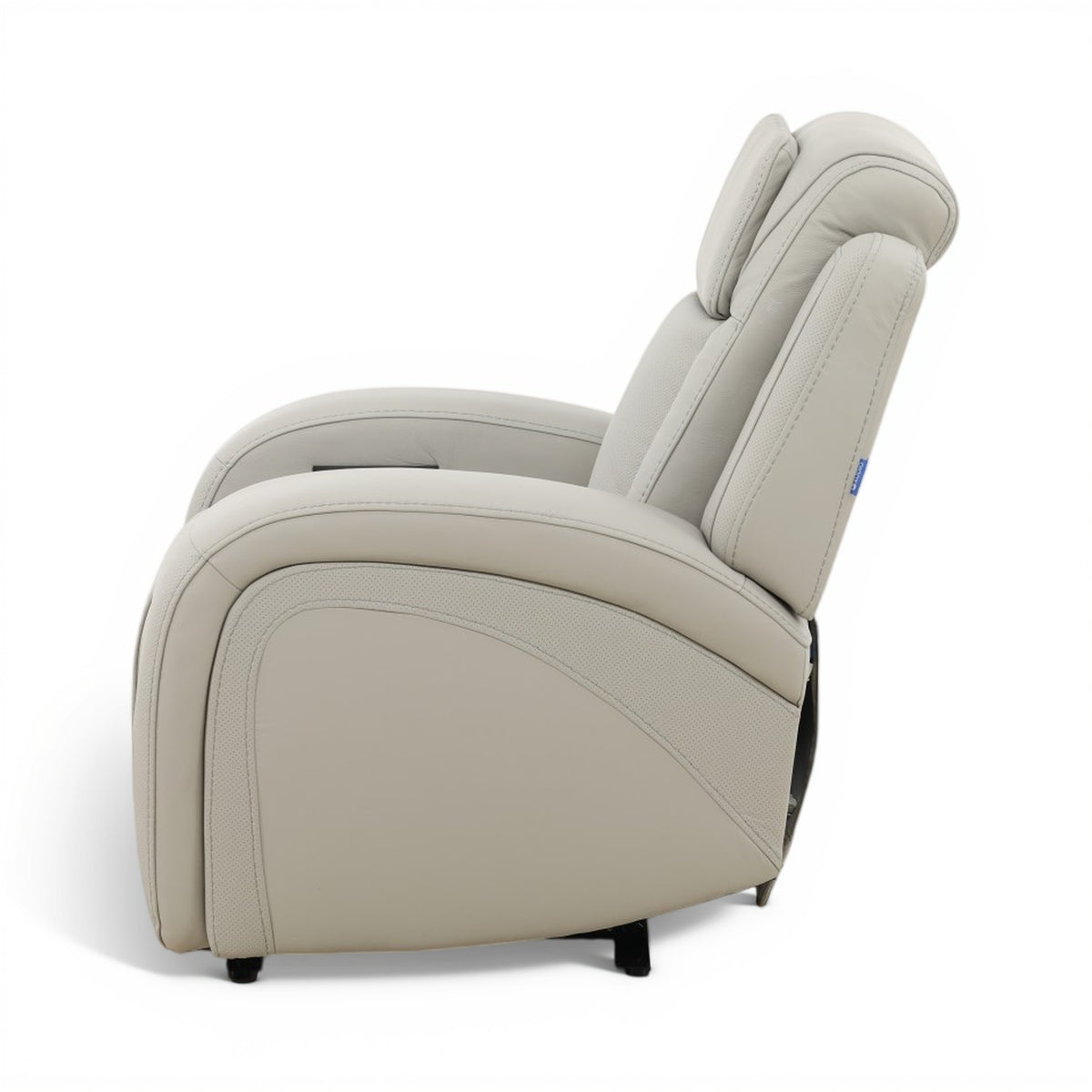 Beige power recliner chair side view with smooth upholstery and contoured seat base