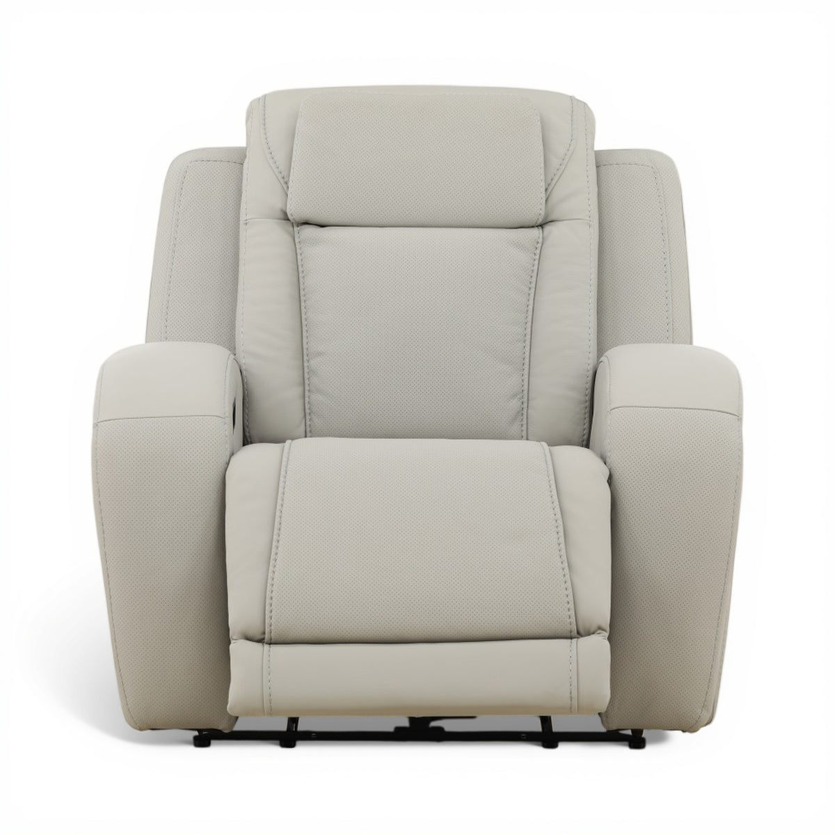 Beige power recliner chair front view with tufted back and padded armrests