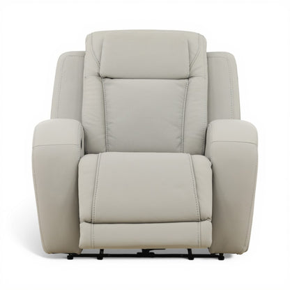 Beige power recliner chair front view with tufted back and padded armrests