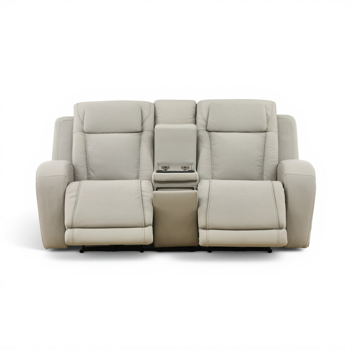 Power reclining console loveseat in light beige leather with center console feature