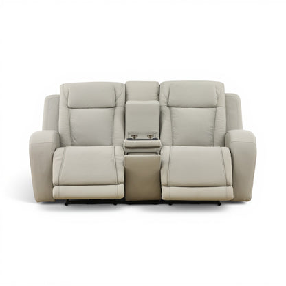 Power reclining console loveseat in light beige leather with center console feature