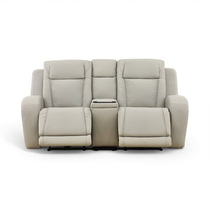 Power reclining console loveseat in light beige leather, front view with center console