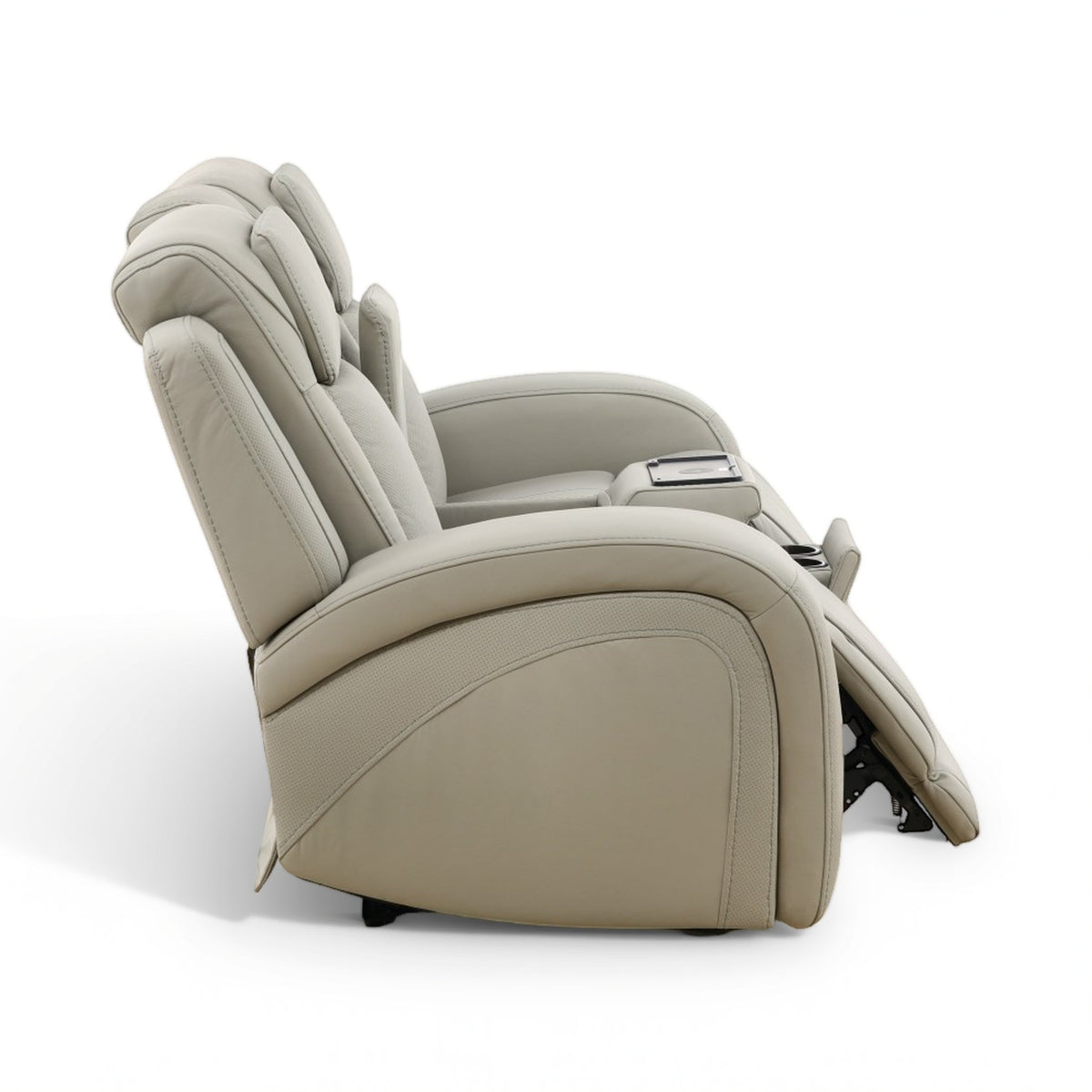 Power reclining loveseat chair in light beige faux leather with padded arm and headrest