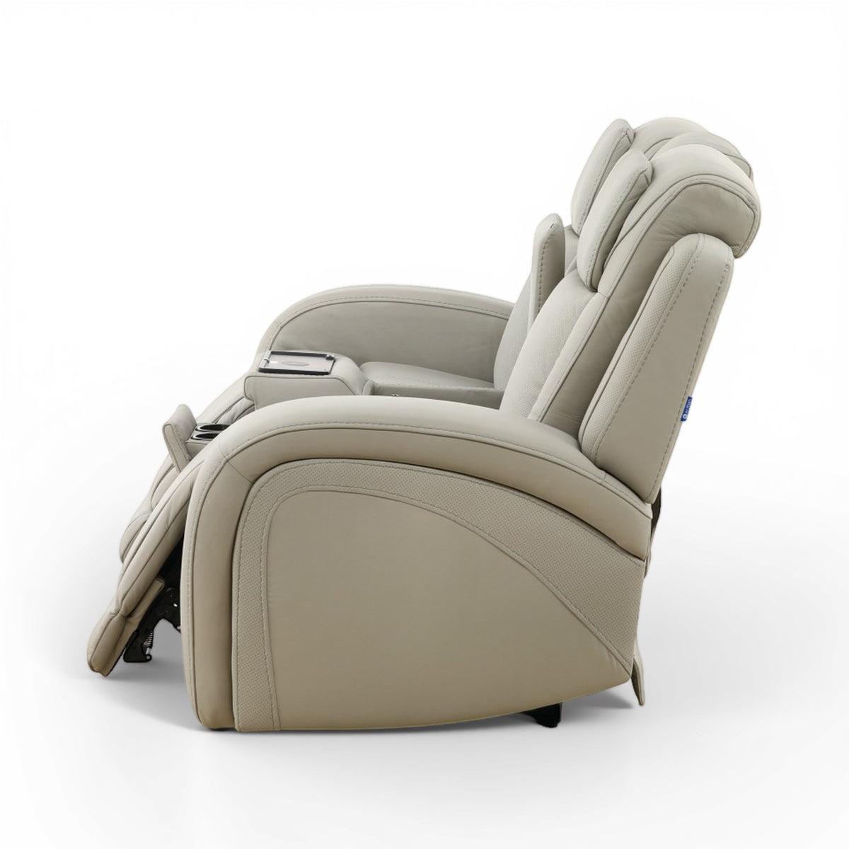 Power reclining loveseat seat in light beige upholstery with console armrest and headrest