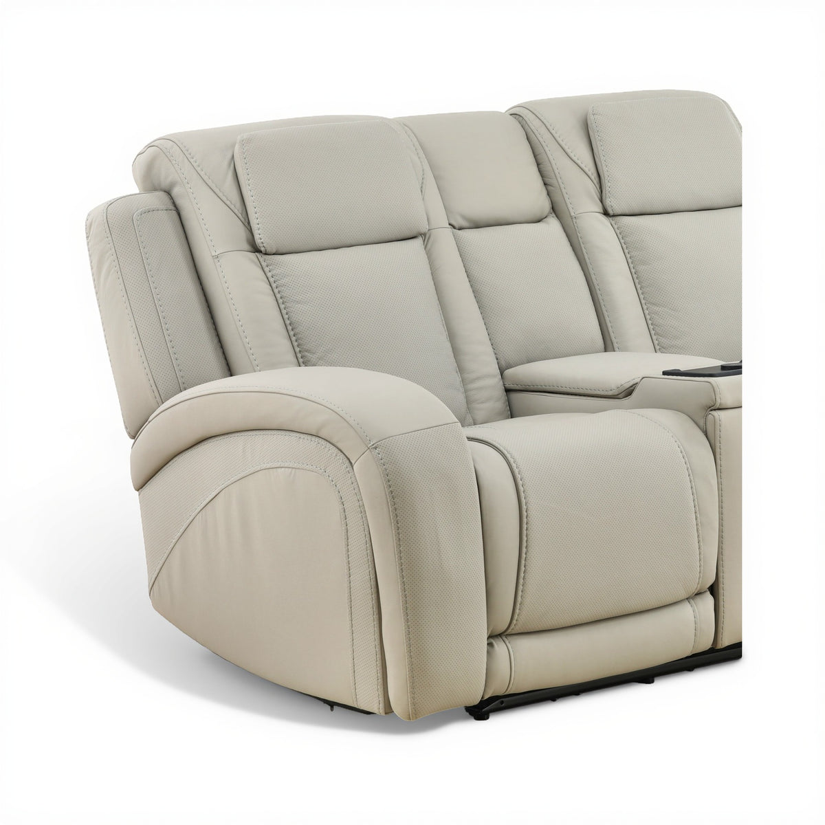 Power reclining console loveseat in light beige leather, side view of reclining seat