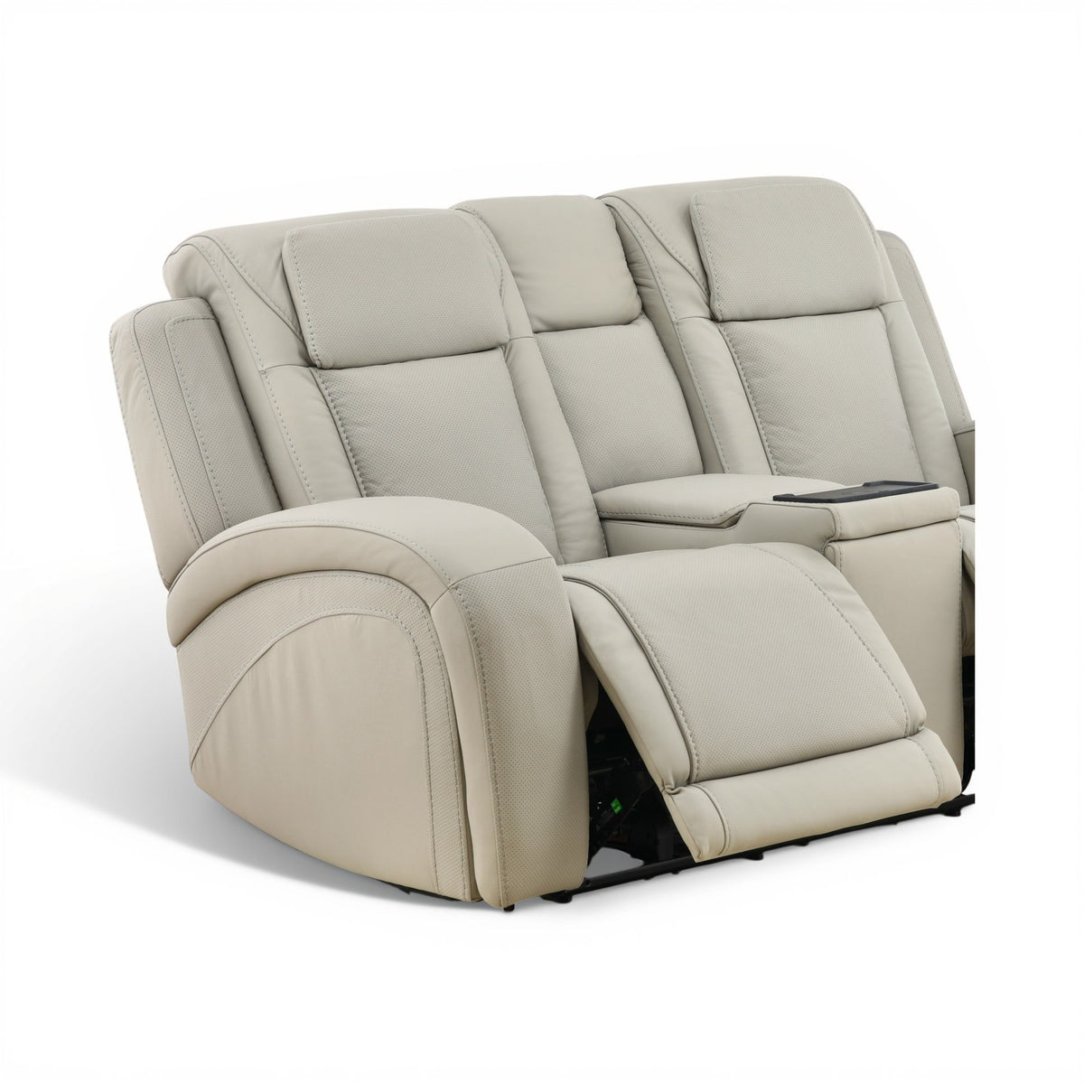 Power reclining console loveseat in light beige leather, close side view of headrest
