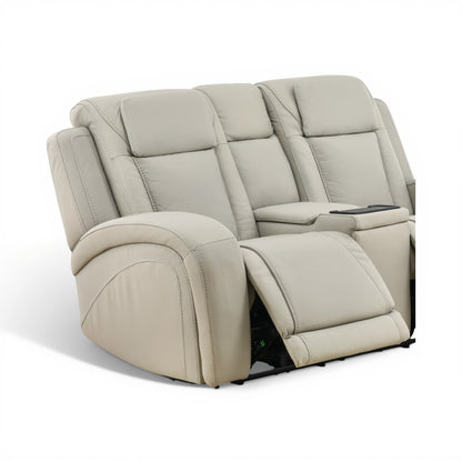 Power reclining console loveseat in light beige leather, close side view of headrest