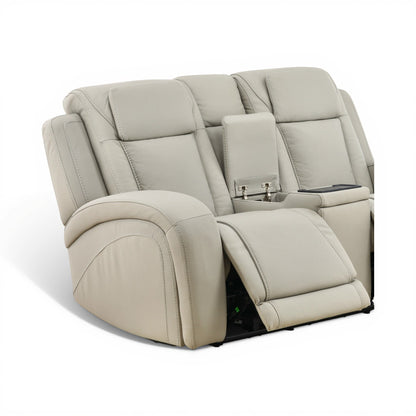 Power reclining console loveseat in light beige leather, center console with cup holders