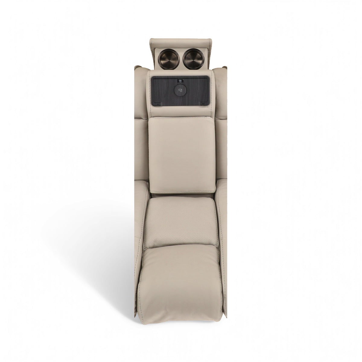Power reclining console loveseat in light beige leather, back console panel with cup holders
