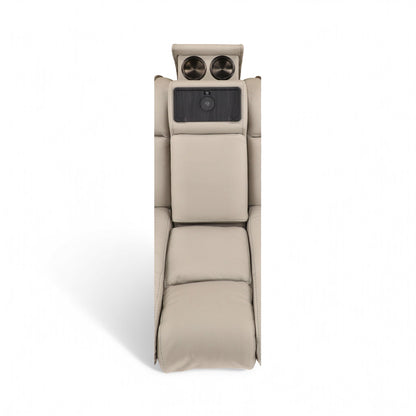 Power reclining console loveseat in light beige leather, back console panel with cup holders