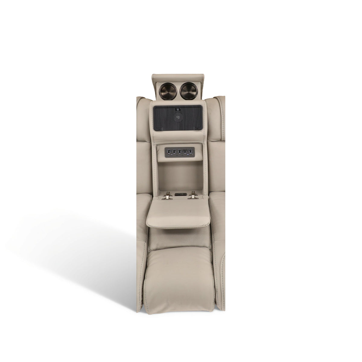 Power reclining console loveseat in light beige leather, console controls and two cup holders