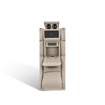 Power reclining console loveseat in light beige leather, console controls and two cup holders