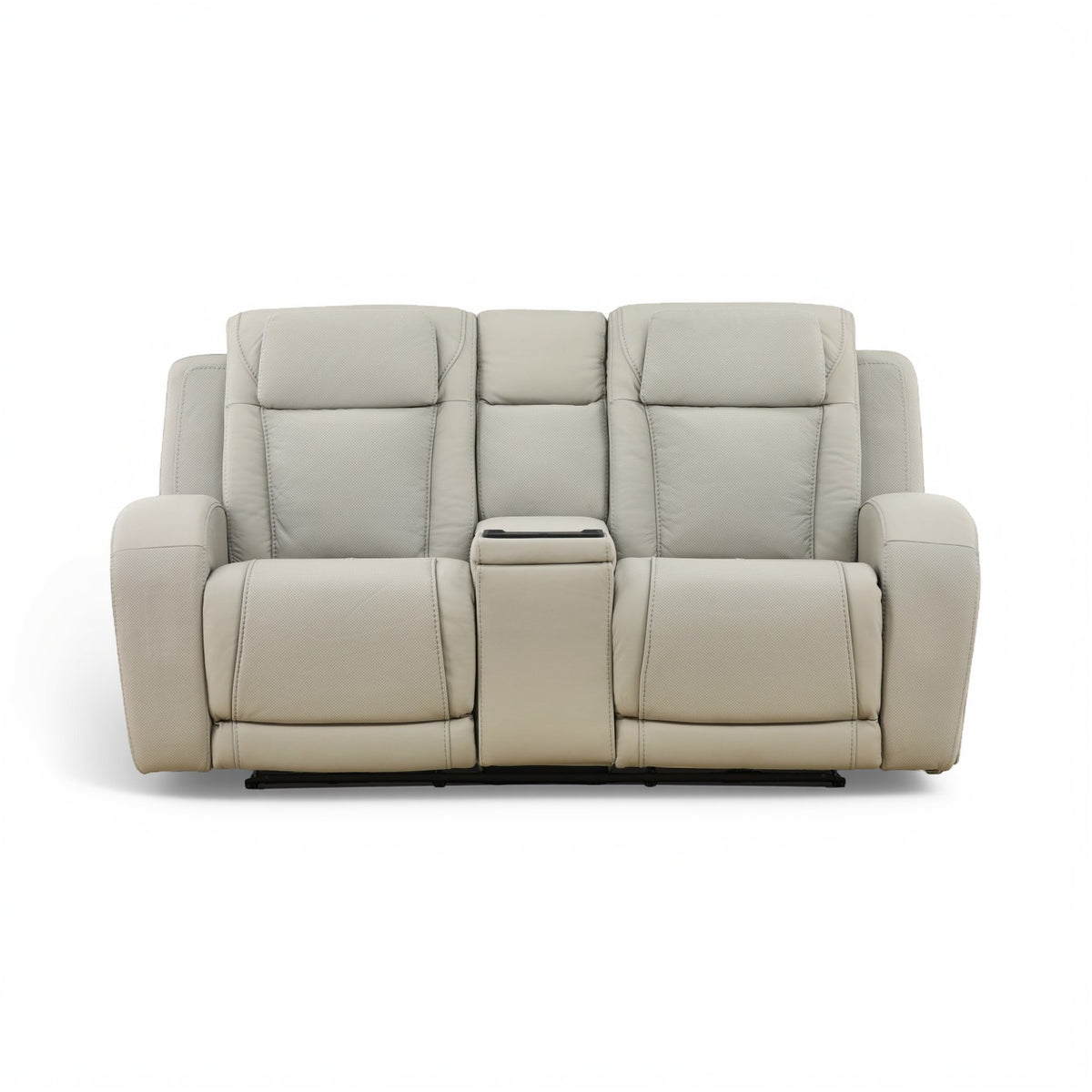 Power reclining loveseat with multiple seat cushions and center console in light beige