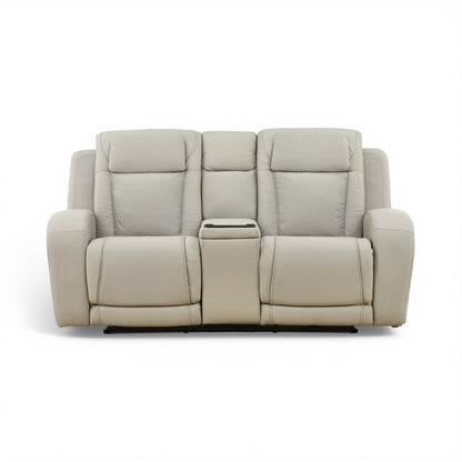 Power reclining loveseat with multiple seat cushions and center console in light beige